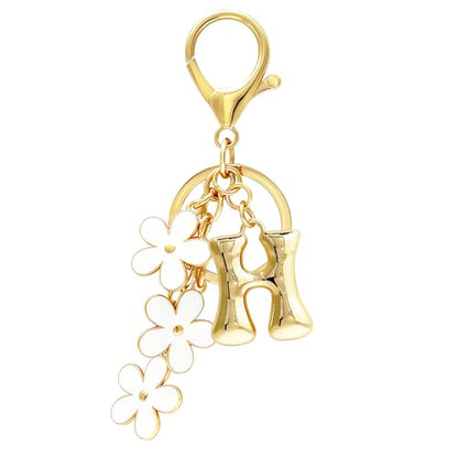 Floral Series Initial Bag Charm, Cute Flower & Bubble Letter Purse Charms, Keychain Accessories Gift for Women - color: White Flower, style: H