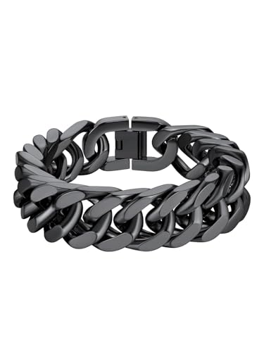 Richsteel Mens Cuban Link Bracelets, Silver/Black/14K Gold Plated Stainless Steel Bracelet for Men 8/12/17mm Width, 7.4/8.2/9 Inch Length Chain Wrist Bracelets With Gifts Box - style: 09-Black 17mm Width