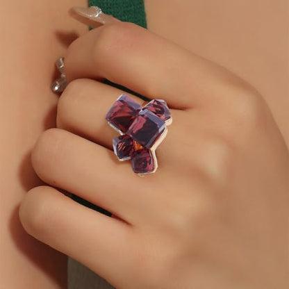 Hebelee Boho Square Crystal Statement Ring for Women Adjustable | Gold-Toned Expandable Promise Engagement Geometric Rings Comfort Fit Elegant Art Deco Christmas Cocktail Y2K Jewelry - color: Wine Red