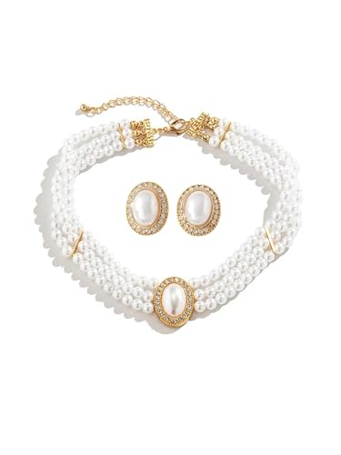 SukAmi Pearl Pendant Necklace Earrings Set 3 Layered White Pearl Jewelry Set Wedding Women Faux Pearl Necklace Multi Strands Choker