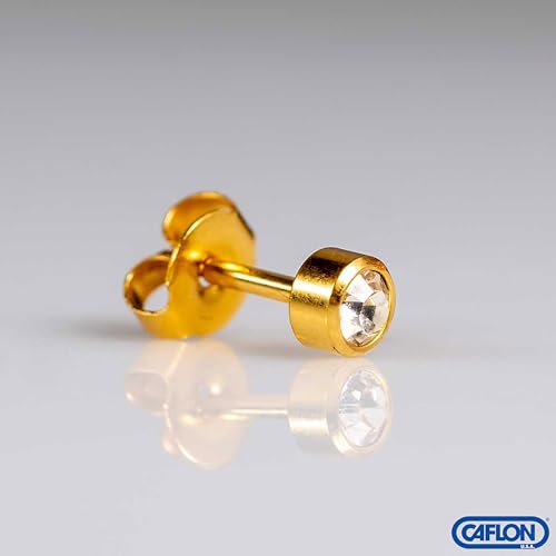 Caflon April Birthstone Stud Earrings - 12 Pairs Clear Crystal Studs, 3/4/5mm | Surgical Steel Starter & Piercing Studs, Sterilized & Individually Sealed | Hypoallergenic Nickel-Safe for Newly Pierced & Sensitive Ears - color: 24K Gold Plated, size: 5mm