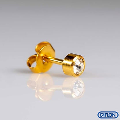 Caflon April Birthstone Stud Earrings - 12 Pairs Clear Crystal Studs, 3/4/5mm | Surgical Steel Starter & Piercing Studs, Sterilized & Individually Sealed | Hypoallergenic Nickel-Safe for Newly Pierced & Sensitive Ears - color: 24K Gold Plated, size: 5mm