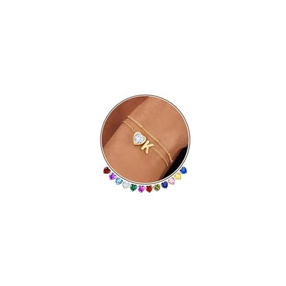 14K Gold Plated Heart Initial Birthstone Gold Bracelets for Women | Dainty Heart Letter A-Z Charm Layered Bracelets Birthday Trendy Jewelry Gifts for Women - color: K