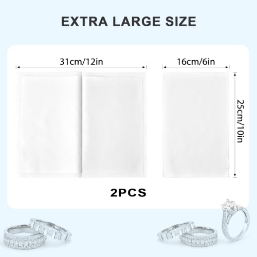 SEVENWELL Silver Polishing Cloth, 2PCS Large Jewelry Cleaning Cloths | Dual-Layer Cleaning, Large 10" × 12", Reusable, Removes Tarnish, Restores Shine, For Sterling Silver, Gold & Platinum - color: White