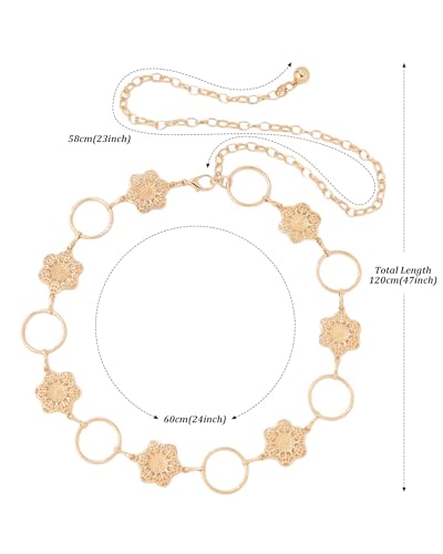 WELROG Metal Waist Chain Belt for Women - Pearls Gold Silver Chain Belts for Dresses Jeans - color: Circle flower(Gold)