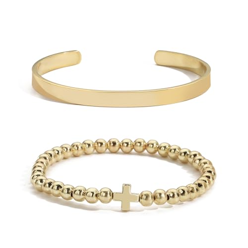 Gold Bangle Bracelets for Women Non Tarnish, 18k Gold Bracelet Stack Layered Chunky Cuff Bracelet Knot Cross Bowknot Bracelets Trendy Jewelry Set for Women Gifts - color: S05