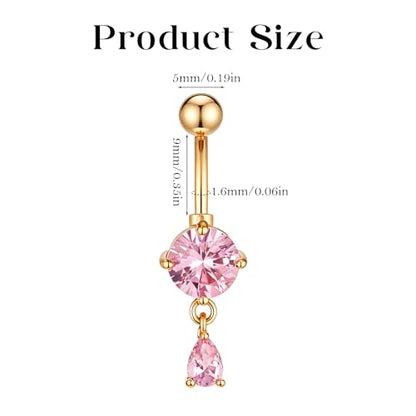5pcs Gold Plated Pink Dangle Belly Button Rings, Clear CZ Belly Button Jewelry, Butterfly Bow Flower Cute Belly Button Rings for Women, Stainless Steel Dainty Dangly Dangling Belly Button Piercing