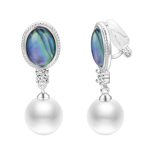 Yoursfs Abalone Shell Pearl Clip On Earrings for Women Colorful Cubic Zirconia Earrings Non Pierced Freshwater Pearl Drop Dangle Earring Trendy Jewelry - style: Pearl Drop Earring