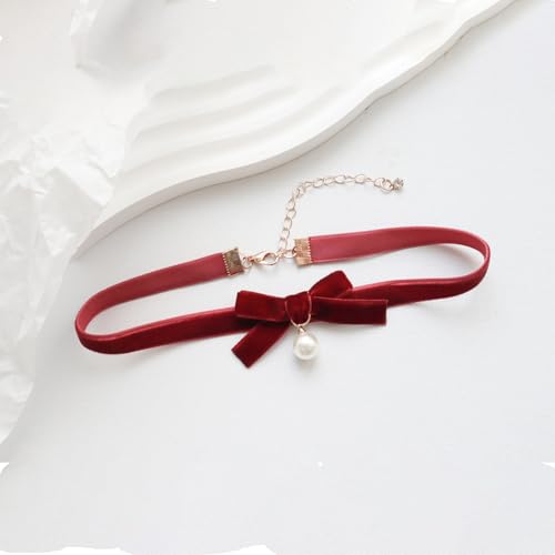 Bow Necklace for Women Dainty Velvet Ribbon Choker Necklaces Red Black Bow Choker Pearl Bell Heart Pendant Necklace Winter Holiday Necklace Cute Bow Knot Necklace for Christmas New Year Gifts - color: Red+pearl