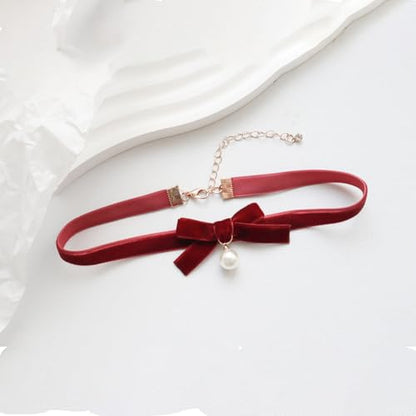 Bow Necklace for Women Dainty Velvet Ribbon Choker Necklaces Red Black Bow Choker Pearl Bell Heart Pendant Necklace Winter Holiday Necklace Cute Bow Knot Necklace for Christmas New Year Gifts - color: Red+pearl
