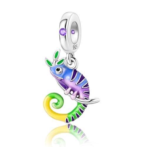 S925 Sterling Silver Cute Bead Charm for Pandora Bracelets and Necklaces | Lucky Clover Cute Animal Pink Bow Cherry Butterfly Pendant Bead Charms Jewelry Making Gifts for Women Valentines Mother's Day - style: Forest Chameleon Dangle Charm