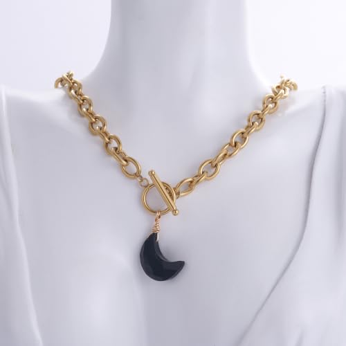 Kvekstio Black Obsidian Moon Necklace - Natural Crystal Crescent Pendant & Gold Toggle Clasp for Women, Gothic Celestial Energy Stone Necklace, Spiritual Protection Healing Jewelry for Her