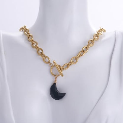 Kvekstio Black Obsidian Moon Necklace - Natural Crystal Crescent Pendant & Gold Toggle Clasp for Women, Gothic Celestial Energy Stone Necklace, Spiritual Protection Healing Jewelry for Her
