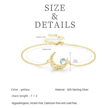 Moon Bracelet for Women 925 Sterling Silver Moonstone/Birthstone Moon Bracelet Butterfly/Dragonfly Bracelet Celtic Moon Butterfly Dragonfly Jewelry Gifts for Women - style: Moonstone-Gold Plated