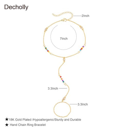Hand Chain Bracelets for Women - 14K Real Gold Plated Dainty Stackable Paperclip Link Bracelets Hand Chain Bracelet Ring Gold Bracelets for Women Trendy - color: Colorful CZ Hand Chain