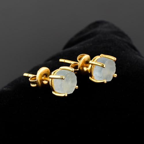 Raw Gold Stud Earrings For Women Natural Gemstone Dainty Pair 14K Gold Plated Flat Back Earrings, Prong Setting Handmade Hypoallergenic Minimalist Jewelry Gifts For Mom, Birthstone Energy Crystals