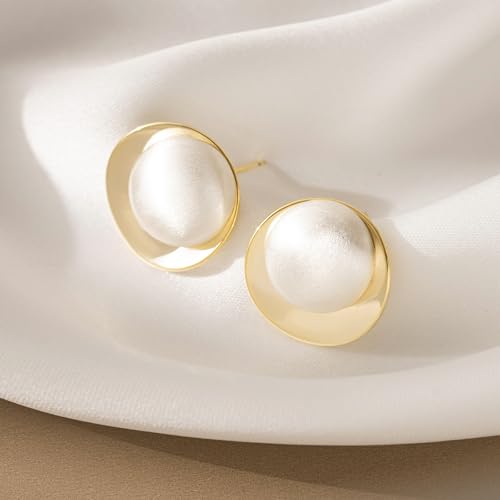 Geometric Chunky Stud Earrings for Women,Thick Brashed Matte Brass Metal Lightweight Dainty Trendy Statement Two-Tone Jewelry Earrings - color: White