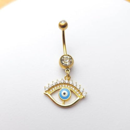 14G Blue CZ Evil Eye Sun Heart Dangle Belly Button Rings for Women 14K Gold Plated Surgical Steel Belly Navel Barbell Enamel Starry Sky Colorful Crystal Dangling Navel Rings Belly Piercing Jewelry - style: Style2