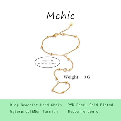 Mchic Hand Chain Tennis Bracelets for Women Trendy: Dainty Diamond Beaded Bracelet 14K Gold Plated/Silver Finger Ring Bracelet Hand Chain Jewelry Adjustable Sparkly Prom Bracelets - color: beaded hand chain silver