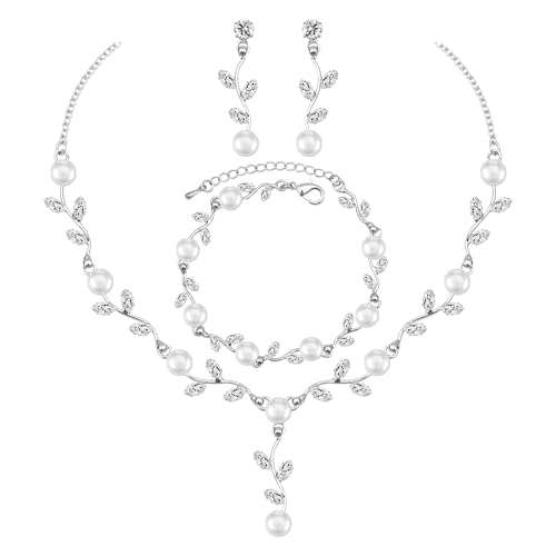 Elegant Bridal Jewelry Sets for Wedding Bride Leaf Shape Cubic Zirconia Necklace Earrings Bracelet Set Prom Costume Accessories - color: White CZ+White Pearl- Platinum
