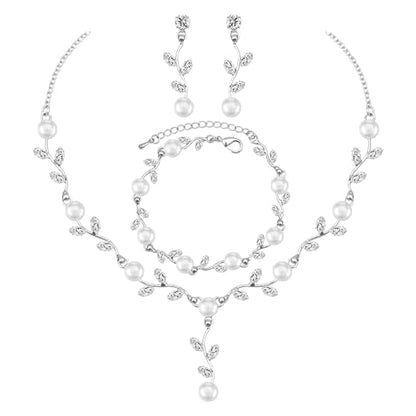 Elegant Bridal Jewelry Sets for Wedding Bride Leaf Shape Cubic Zirconia Necklace Earrings Bracelet Set Prom Costume Accessories - color: White CZ+White Pearl- Platinum