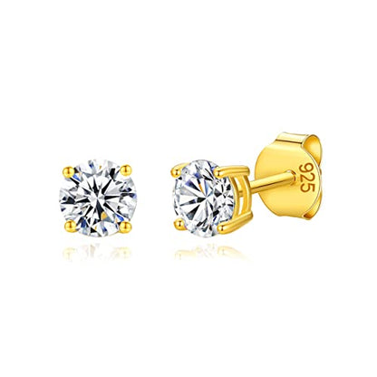 925 Sterling Silver 4 Prong Cubic Zirconia Stud Earrings for Women, Hypoallergenic, Sizes 2mm-6mm - color: Gold, size: 4mm