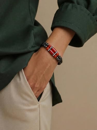 Mens Leather Turquoise/Tiger Eye/Obsidian/Lava Stone Bracelet–Braided Multi‑Layer Wristband Cuff Bangle Barcelet–Jewelry Box and Pouch Packing - color: Agate Onyx, size: 9in(Fits larger wrists)