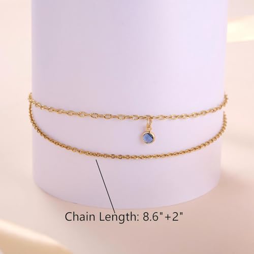 MIXJOY Something Blue Gift for Bride - Gold Double-Layer Wrist Chain Anklet with Blue CZ, Minimalist Round Gem Anklet for Bridal Shower, Bachelorette Party, Summer Beach Engagement Jewelry for Brides