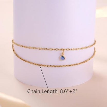 MIXJOY Something Blue Gift for Bride - Gold Double-Layer Wrist Chain Anklet with Blue CZ, Minimalist Round Gem Anklet for Bridal Shower, Bachelorette Party, Summer Beach Engagement Jewelry for Brides