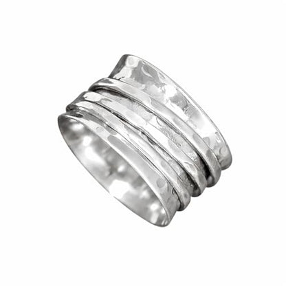Spinner Ring Silver For Women Girls, 925 Sterling Silver Spinner, Spin, Three Tone Fidget Band, Classic Hammered Meditaion, Christmas Size us