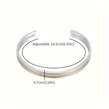 Simple polished titanium steel open bracelet, stainless steel C-shaped bracelet, adjustable double line bracelet, suitable for daily wear or gift giving, suitable for both men and women - color: silver gold