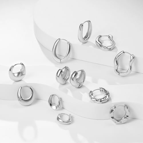 6 Pairs Gold Hoop Earrings Set for Women, 14K Gold Plated Huggie Chunky Earring Variety Pack, Hypoallergenic Thick Jewelry Gift - color: Silver Color