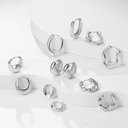 6 Pairs Gold Hoop Earrings Set for Women, 14K Gold Plated Huggie Chunky Earring Variety Pack, Hypoallergenic Thick Jewelry Gift - color: Silver Color