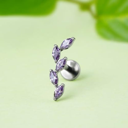 FINE4U 16G CZ Cluster Climber Cartilage Earring for Helix, Tragus - ASTM F136 Titanium Triple Marquise Labret Stud, Screw on Nickel Free Flat Back Jewelry - color: Five Marquise - Amethyst CZ - Tit