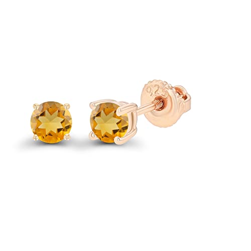 14K Gold Plated 925 Sterling Silver Hypoallergenic 4mm Round Genuine Birthstone Solitaire Screwback Stud Earrings - color: Citrine