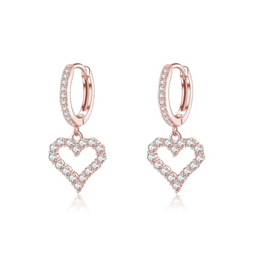SLUYNZ 925 Sterling Silver CZ Sweet Love Hoop Earrings for Women Teens Hollow Heart Huggie Earrings Drop - color: C-Rose Color
