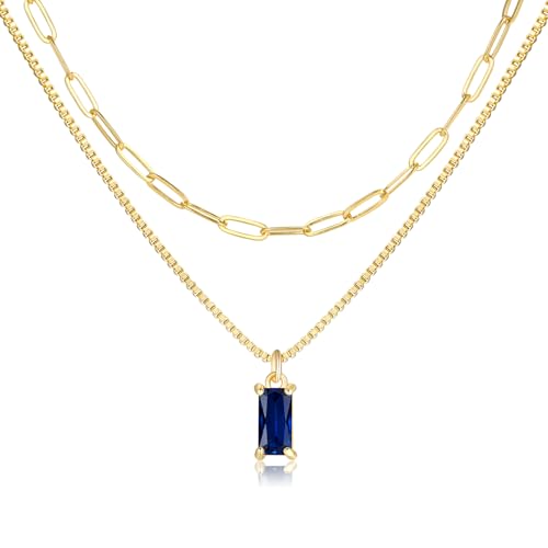 Dainty Gold Charm Necklaces for Women Non Tarnish, 14K Trendy Blue Green Cubic Zirconia Emerald Pendant Birthstone Necklaces Birthday Gifts for Women Waterproof Jewelry - color: 09-September(Sapphire)