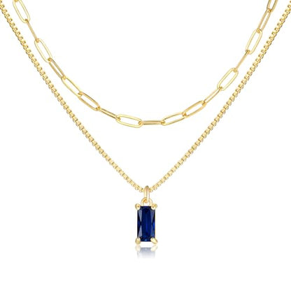 Dainty Gold Charm Necklaces for Women Non Tarnish, 14K Trendy Blue Green Cubic Zirconia Emerald Pendant Birthstone Necklaces Birthday Gifts for Women Waterproof Jewelry - color: 09-September(Sapphire)