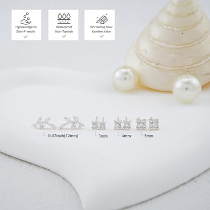 Stud Earring for Women, 14K Gold Silver Plated Hypoallergenic Studs Set | Trendy Cartilage Tragus Helix Clover Flower Earring Stack for Multiple Piercing, Dainty Cute Small Jewelry Gift, Non Tarnish - style: SL-Flower/Branch-4 Pairs