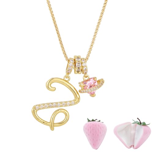 Initial Letter Necklace with Pink Heart Charm, Sparkling Zircon Alphabet Pendant in Gold or Silver Tone, Sweet Style Jewelry with Gift Box, Letter Chain for Daily Wear and Gift - color: Gold+Pink Box, size: #Z