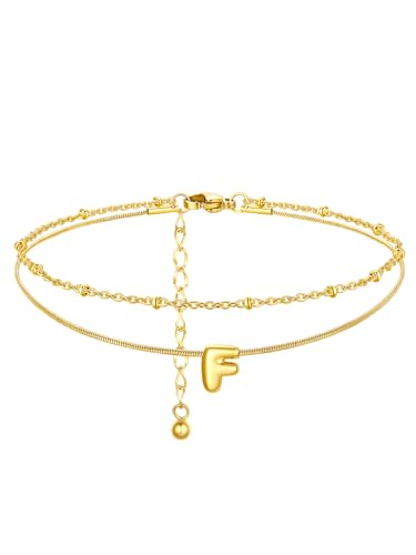 ChainsProMax Initial Ankle Bracelets for Women, Waterproof Anklets Bracelet Adjustable Summer Beach Women Foot Jewelry, Stainless Steel/Gold Plated-Send Gift Box/Letter A-Z - color: Gold Plated-F