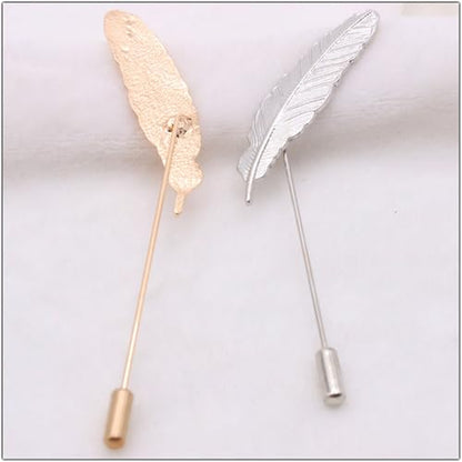 Dreuyet Simple Gold Silver Plated Long Brooch Pins with Cute Animal Antlers Leaves Plant Bees Rabbits Rose Flower Feather Brooch Jewelry for Women Men Elegant Suit Collar Lapel Pin - style: Long Leaf