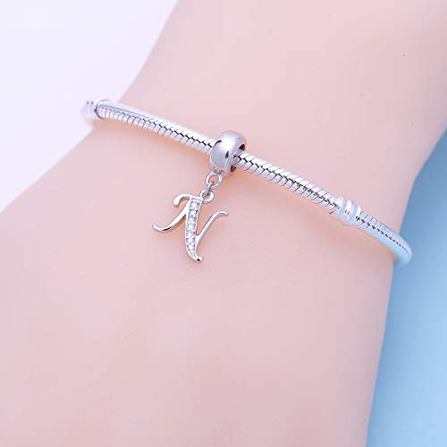 925 Sterling Silver Charms Alphabet Beads fit Pandora Charm Bracelets A-Z Letter Initial Spacer Dangle Clear CZ Stone Authentic for Snake Chain Bracelets - color: N