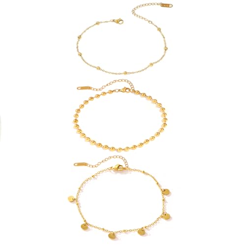 2/3 PCS Gold Anklets for Women Waterproof Boho Starfish, Seashell, Heart & Butterfly Charms Ankle Bracelets Non Tarnish Adjustable Layered Cuban Beaded Foot Chain Beach Jewelry for Summer Vacations - color: Gold Set 4