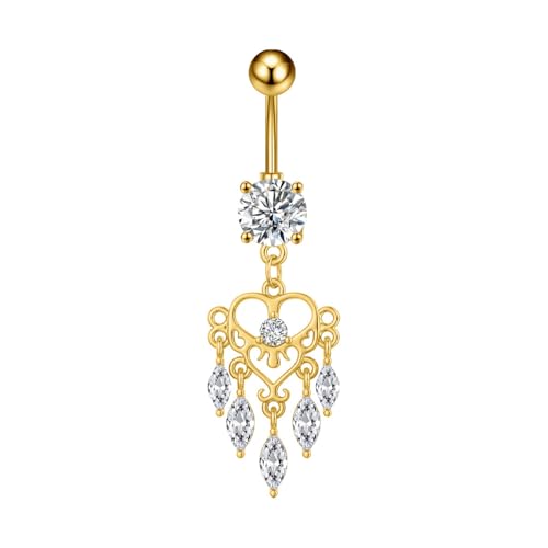 14G Boho Dangle Belly Button Ring, Stainless Steel Tassel Crystal Love Heart Chandelier Navel Piercing Barbell Belly Rings Body Piercings Jewelry for Women - color: Gold