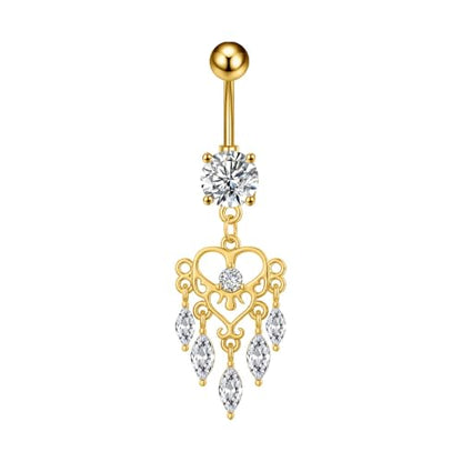 14G Boho Dangle Belly Button Ring, Stainless Steel Tassel Crystal Love Heart Chandelier Navel Piercing Barbell Belly Rings Body Piercings Jewelry for Women - color: Gold