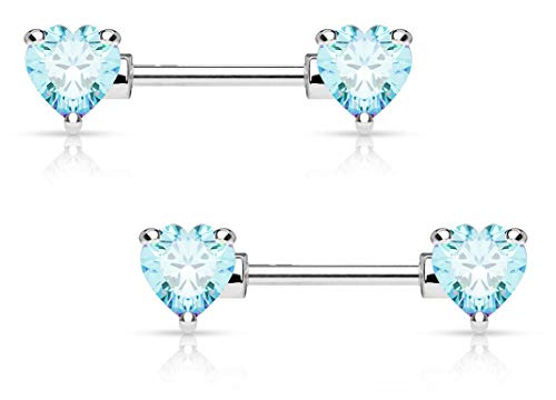 Forbidden Body Jewelry Pair of Surgical Steel 1/2-5/8 Inch (12-16mm) Cubic Zirconia Crystal Double Heart Nipple Barbells - style: Aqua