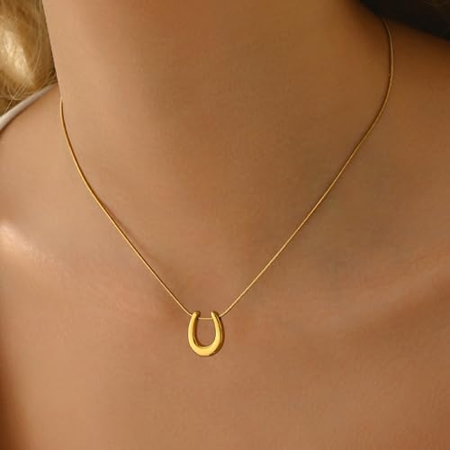 Gold Necklace for Women Dainty 18K Gold Plated | Sun Horn Crescent Moon Lucky Horse Shoe Pendant Necklace Waterproof Stainless Steel Trendy Jewelry, Gift Box Included - color: U Shape-Gold