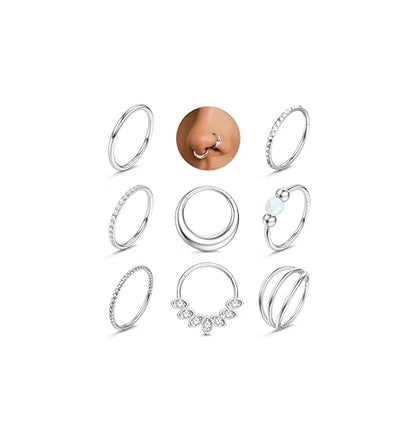 LOLIAS Septum Nose Rings Hoops - 316L Surgical Steel Septum Rings CZ Opal Silver 14K Gold Plated Hoop Nose Ring for Women 16G/18G Clicker Cartilage Earring Conch Daith Nostril Piercing Jewelry 8mm/10mm 8Pcs - color: Silver, size: 18G 10MM