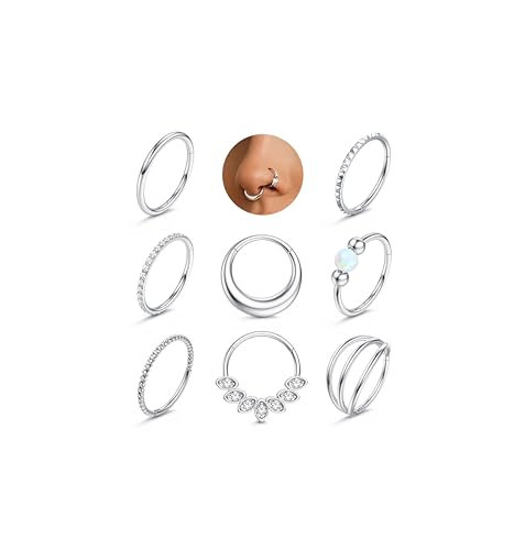 LOLIAS Septum Nose Rings Hoops - 316L Surgical Steel Septum Rings CZ Opal Silver 14K Gold Plated Hoop Nose Ring for Women 16G/18G Clicker Cartilage Earring Conch Daith Nostril Piercing Jewelry 8mm/10mm 8Pcs - color: Silver, size: 18G 10MM